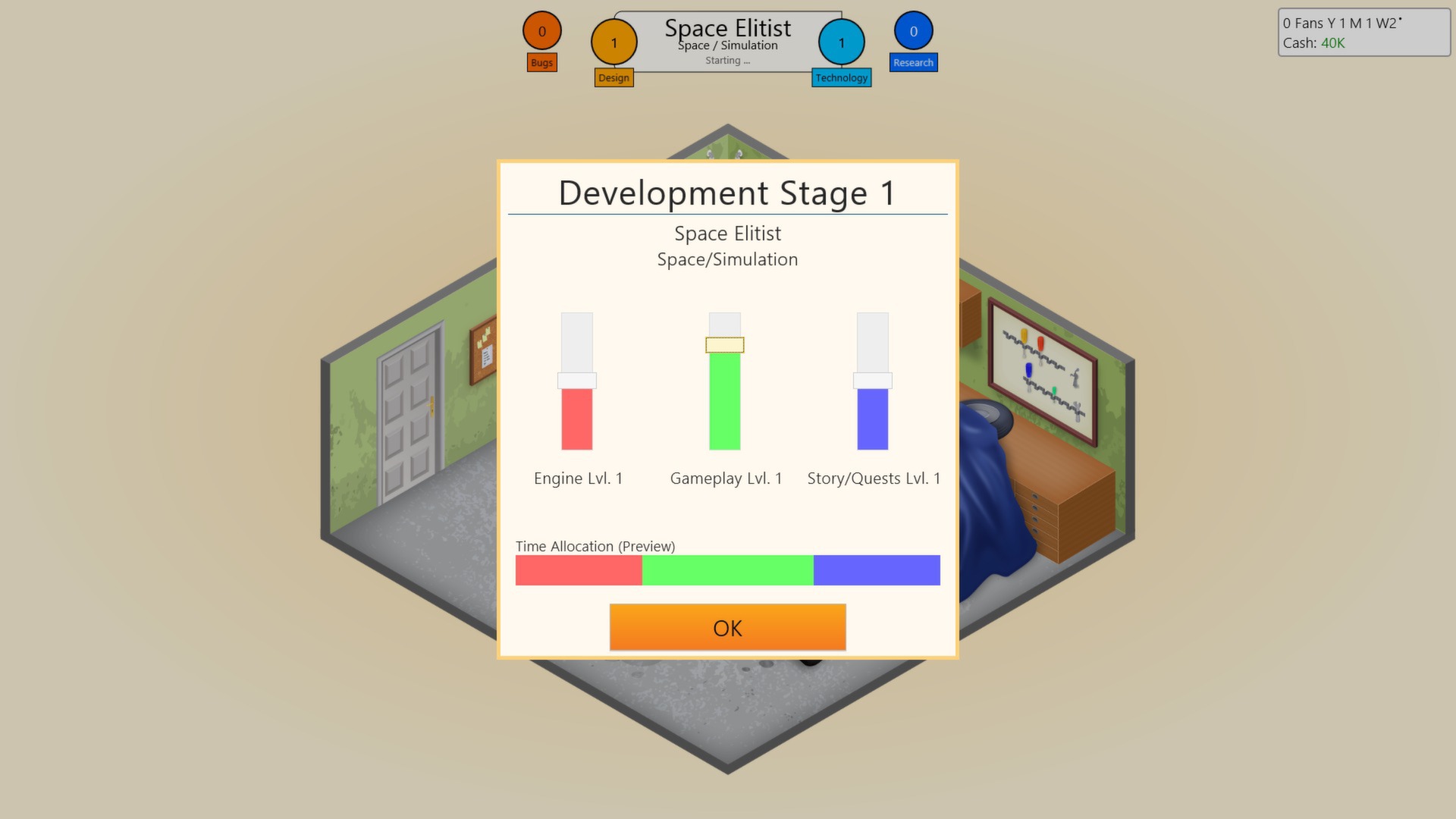 Game Dev Tycoon game creation screen showing topic and genre selection