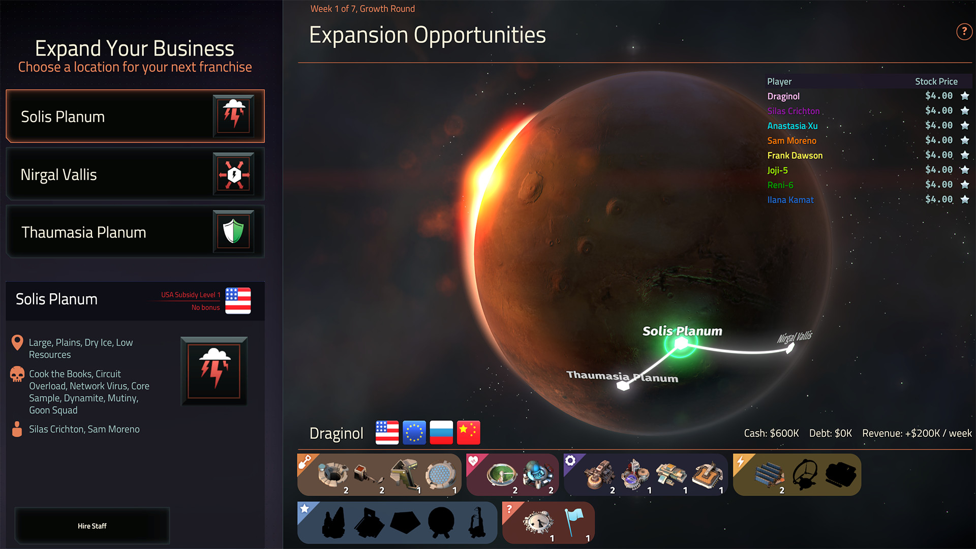 Offworld Trading Company Mars colony map with resource claims and market prices