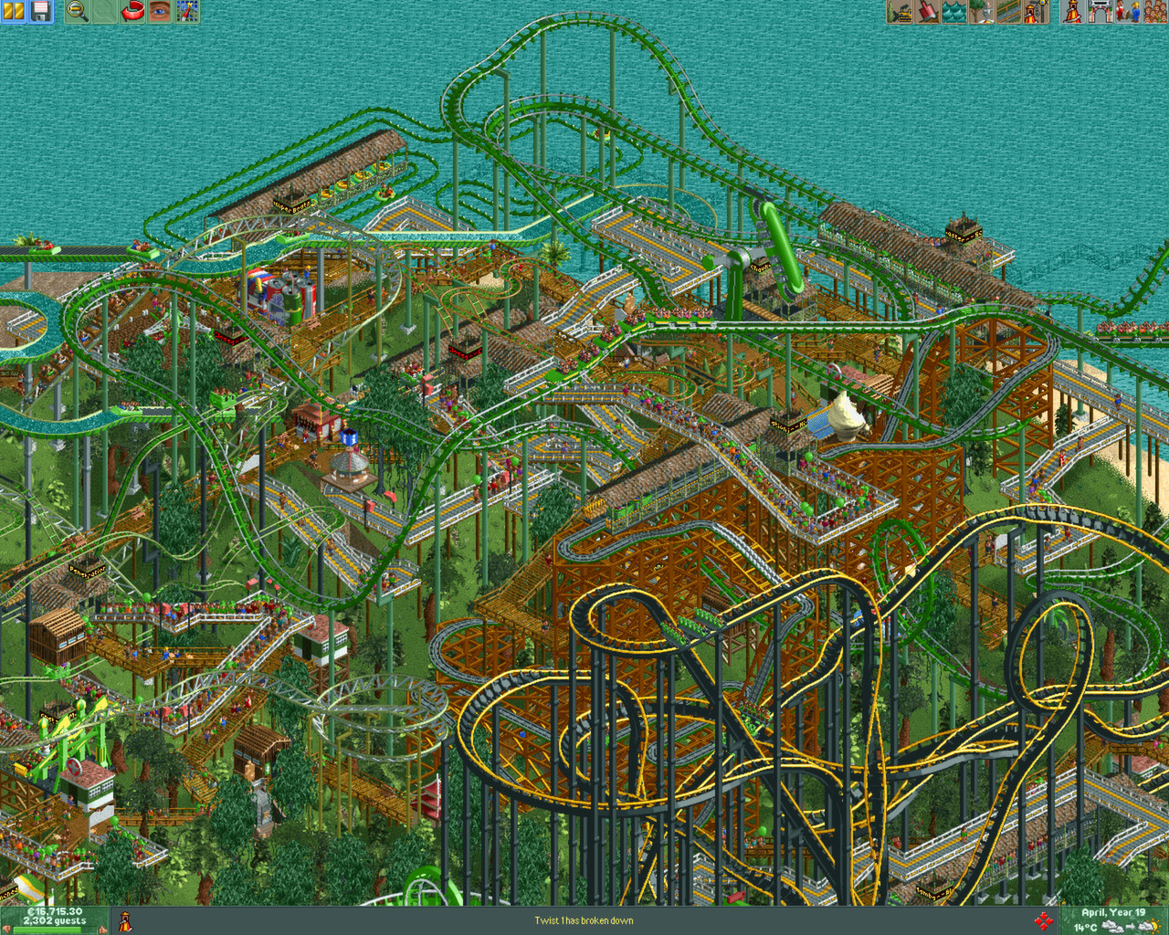RollerCoaster Tycoon 2 isometric park with coasters and guests