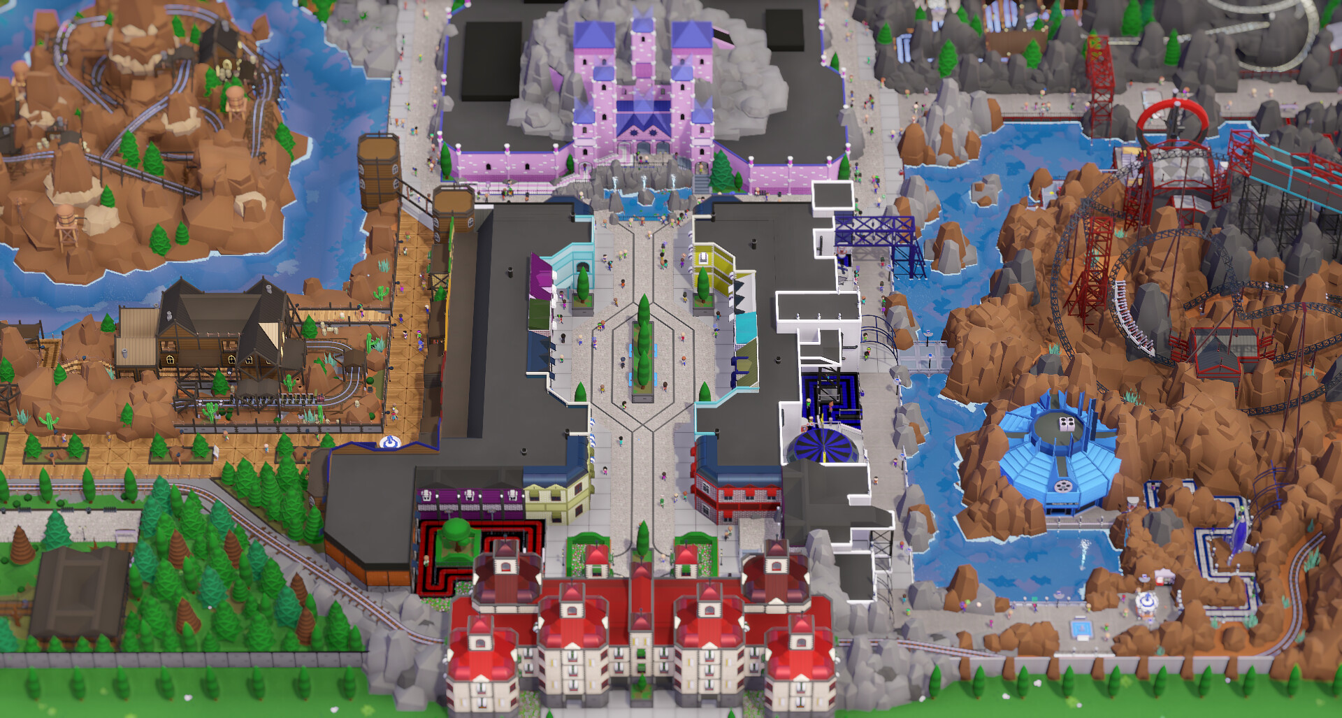 Parkitect theme park with a wooden coaster and themed scenery
