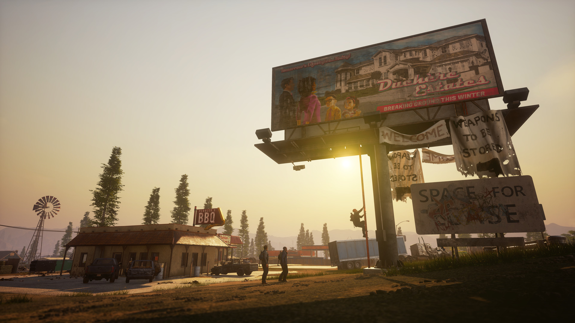 A survivor community base in State of Decay 2 with fortified outbuildings