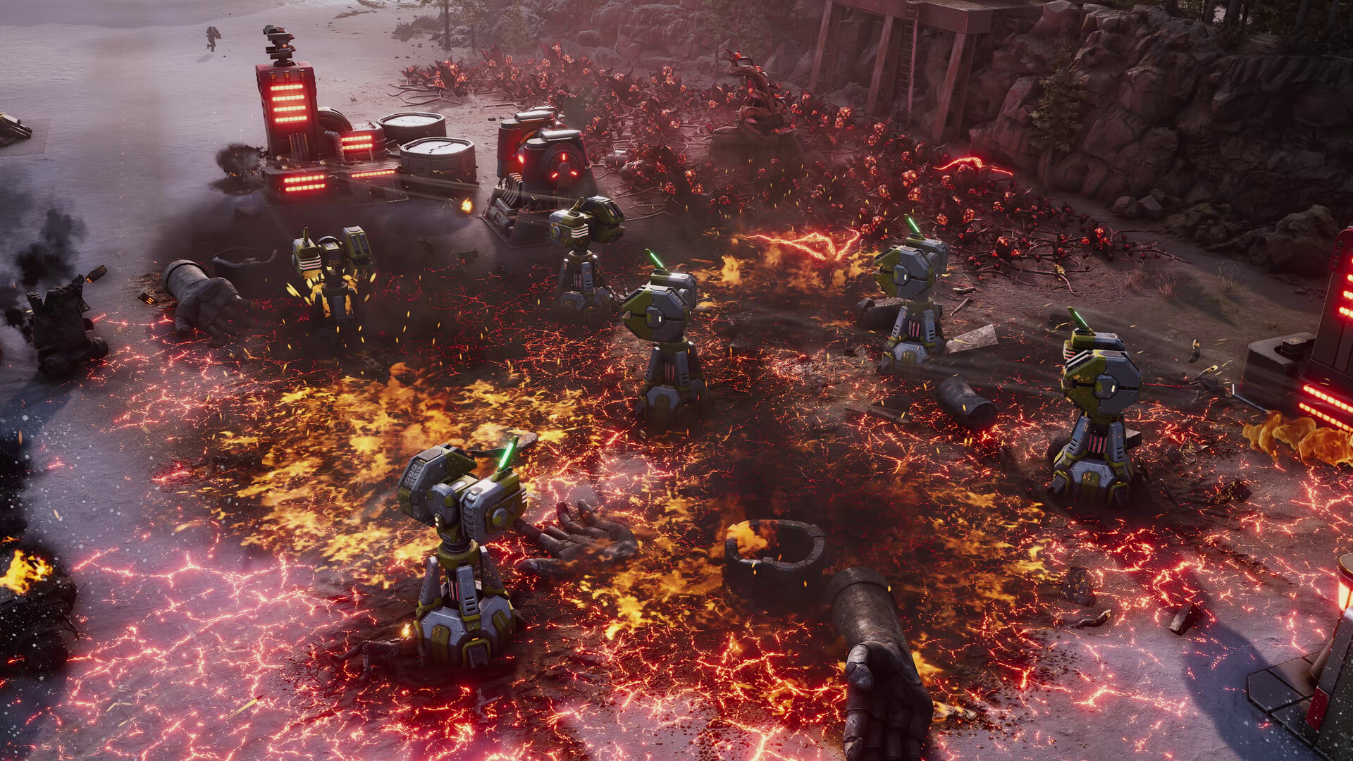 Tempest Rising gameplay showing a built-up base, harvesters, and an armored push across the map
