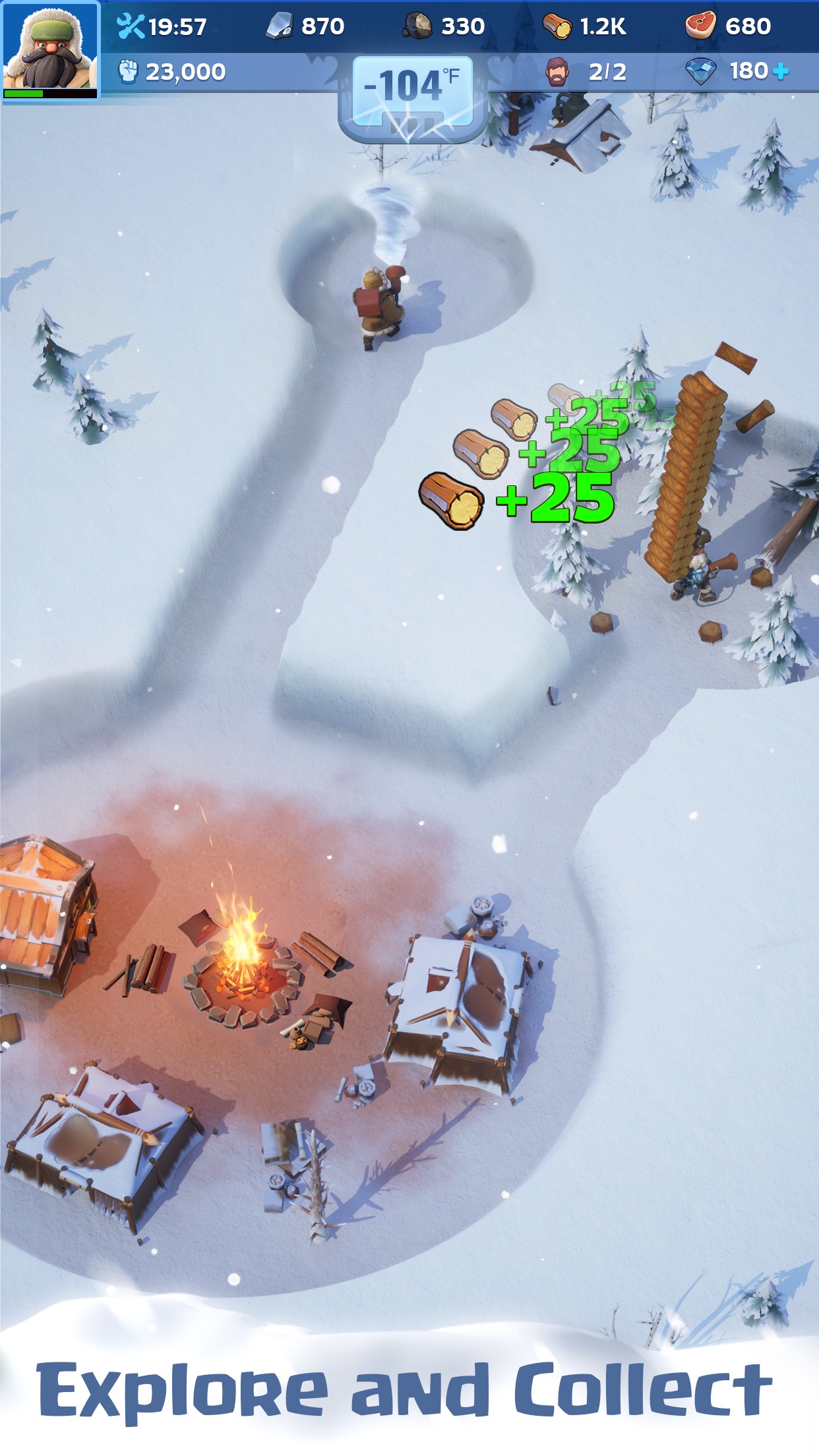 Whiteout Survival city layout with the furnace, resource buildings, and survivors gathering wood