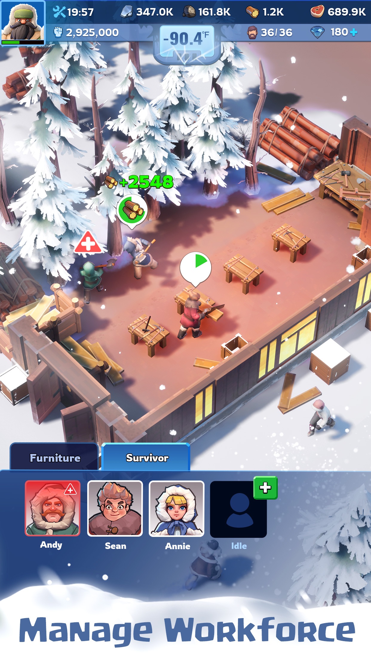 Whiteout Survival city screen showing survivors assigned to labor and resource production