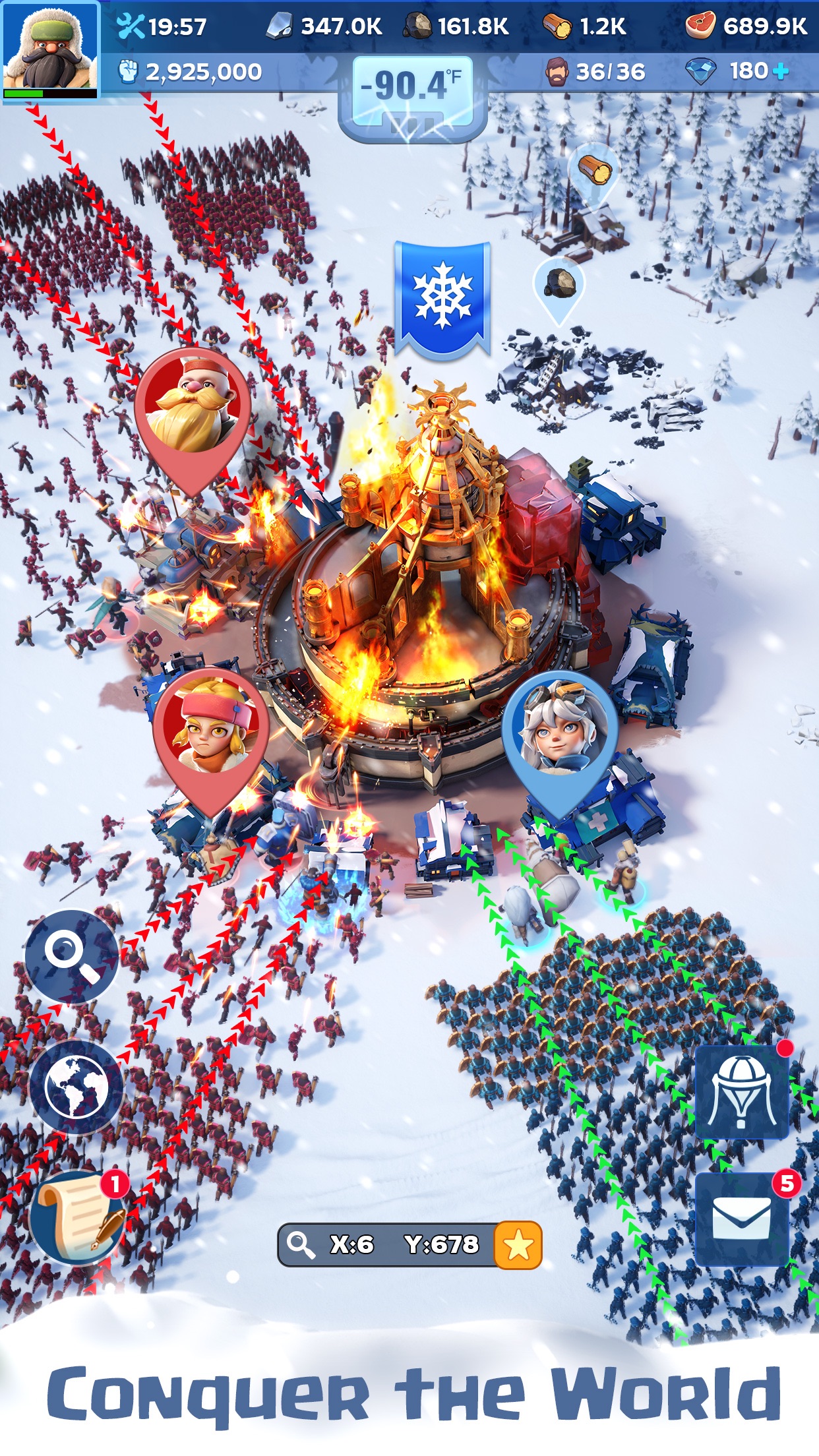 Whiteout Survival world map showing marches and a state versus state battle underway